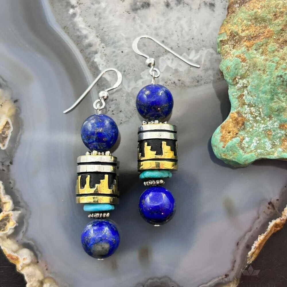 Tommy & Rosita Singer Sterling Lapis,Turquoise Beads Dangle Earrings For Women 1 - Picture 7 of 10